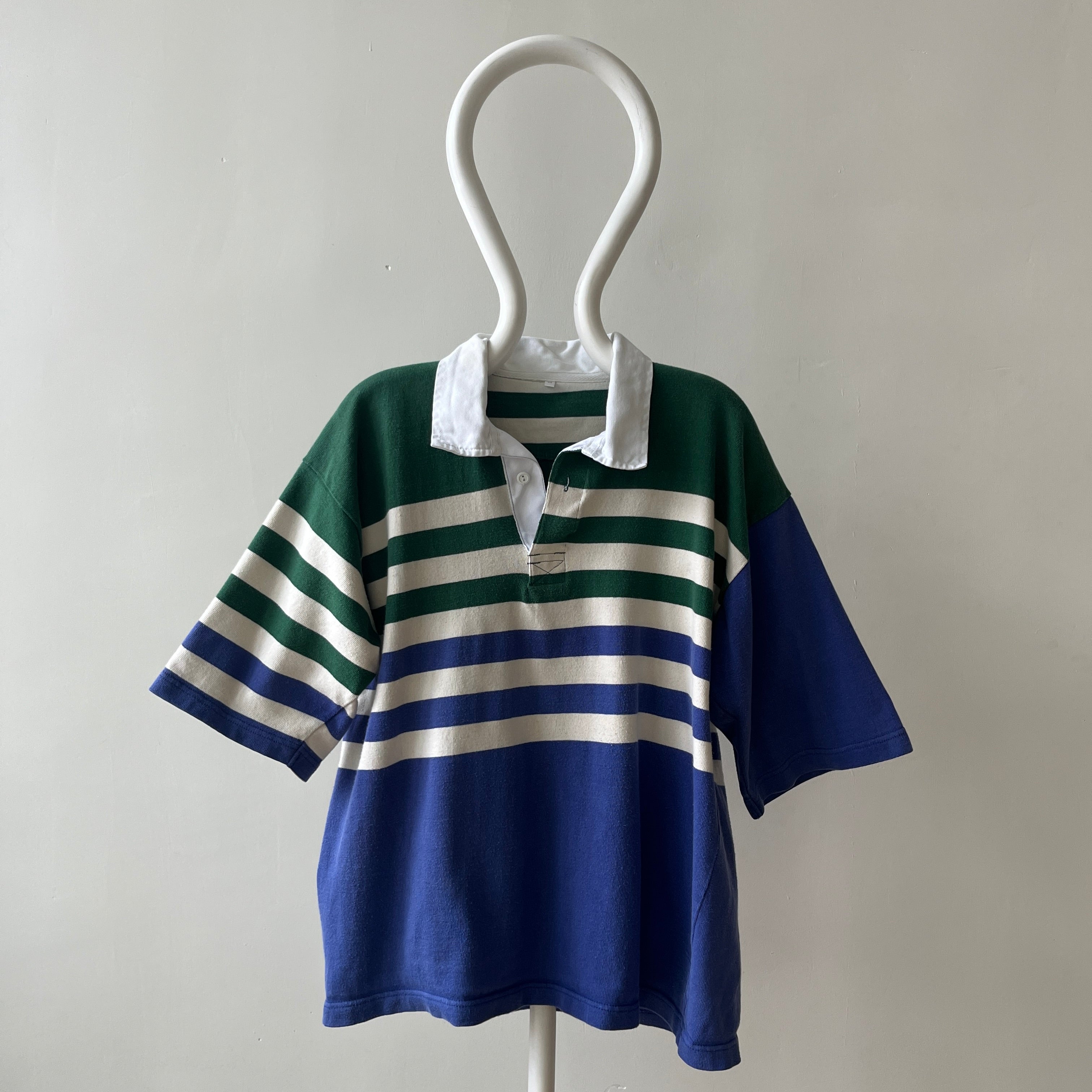 1990s Navy And Green Striped Three Quarter Sleeve Rugby T Shirt