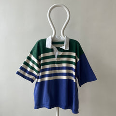 1990s Navy And Green Striped Three Quarter Sleeve Rugby T Shirt