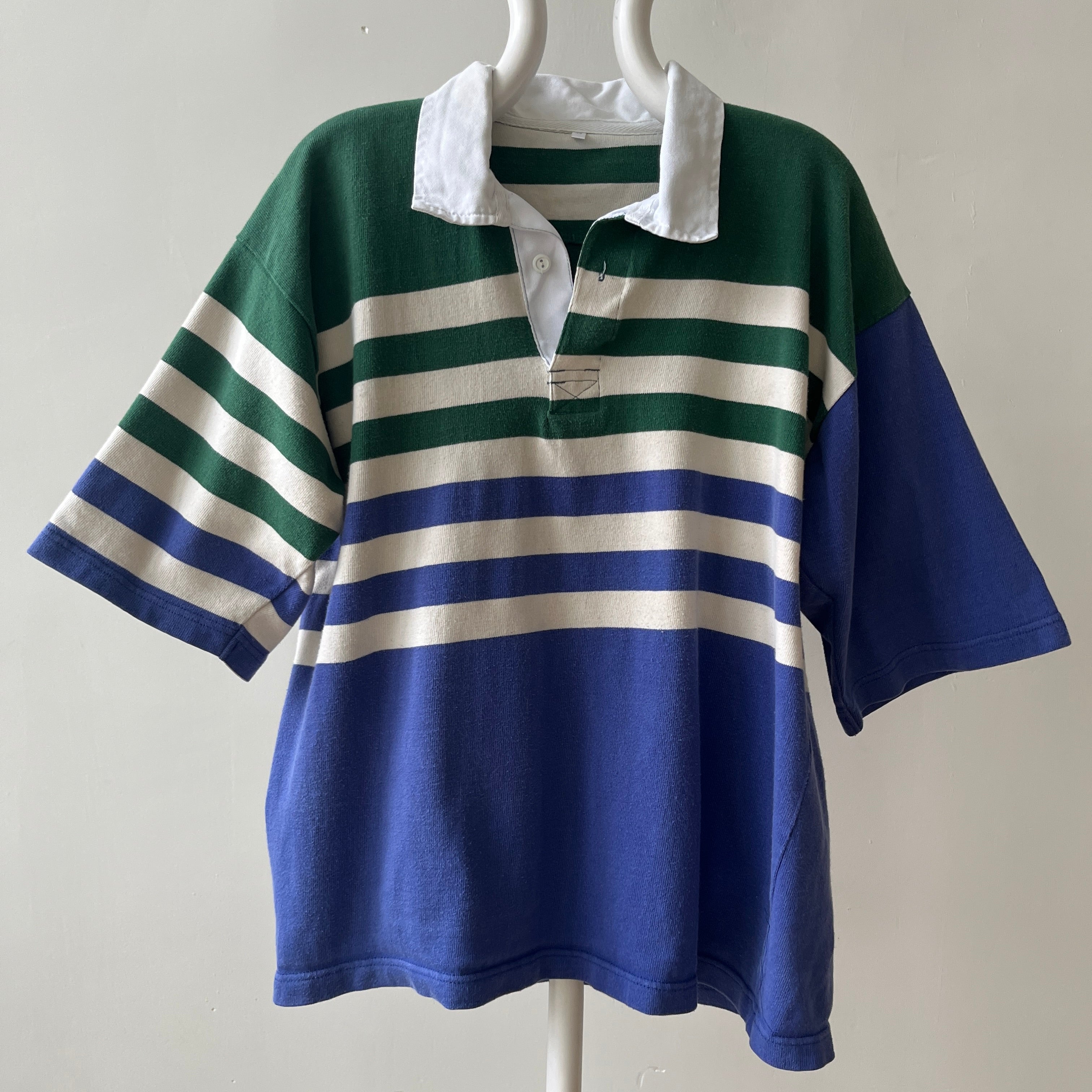 1990s Navy And Green Striped Three Quarter Sleeve Rugby T Shirt