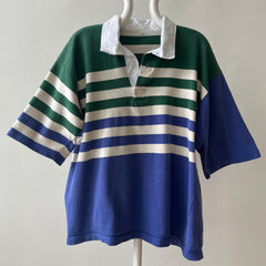 1990s Navy And Green Striped Three Quarter Sleeve Rugby T Shirt