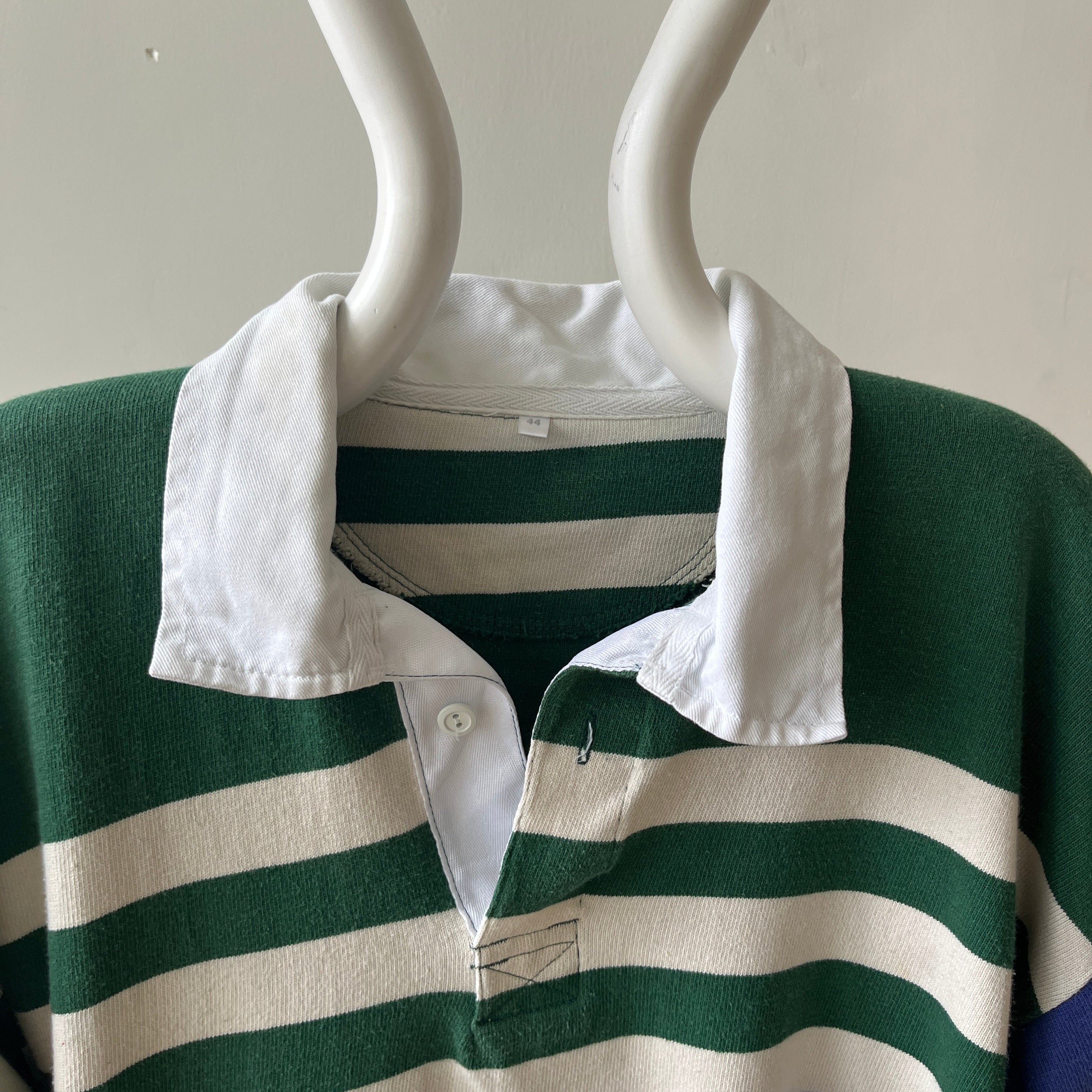 1990s Navy And Green Striped Three Quarter Sleeve Rugby T Shirt