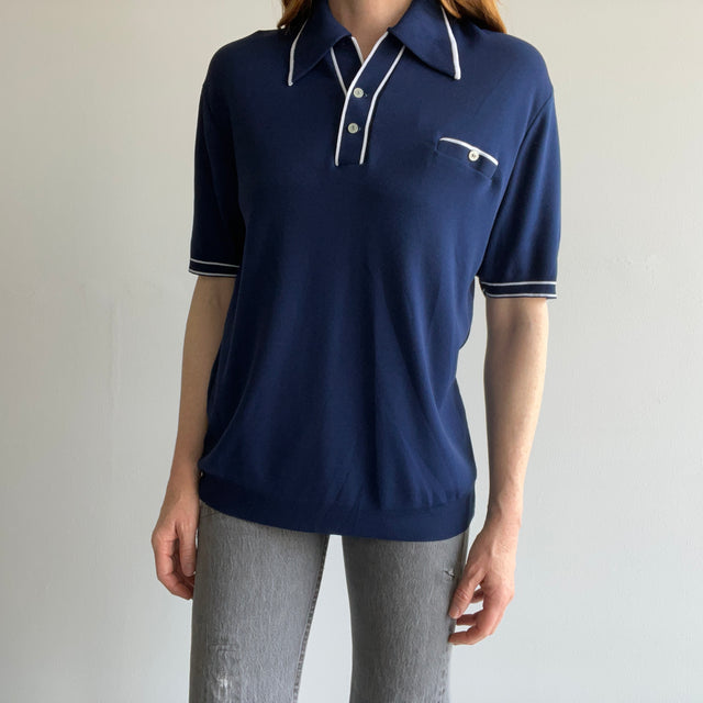 1970s Slouchy Poly Nylon (Soft) Short Sleeve Navy and White Polo Sweater