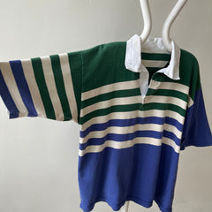 1990s Navy And Green Striped Three Quarter Sleeve Rugby T Shirt
