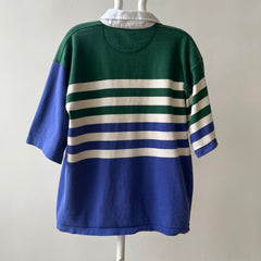 1990s Navy And Green Striped Three Quarter Sleeve Rugby T Shirt