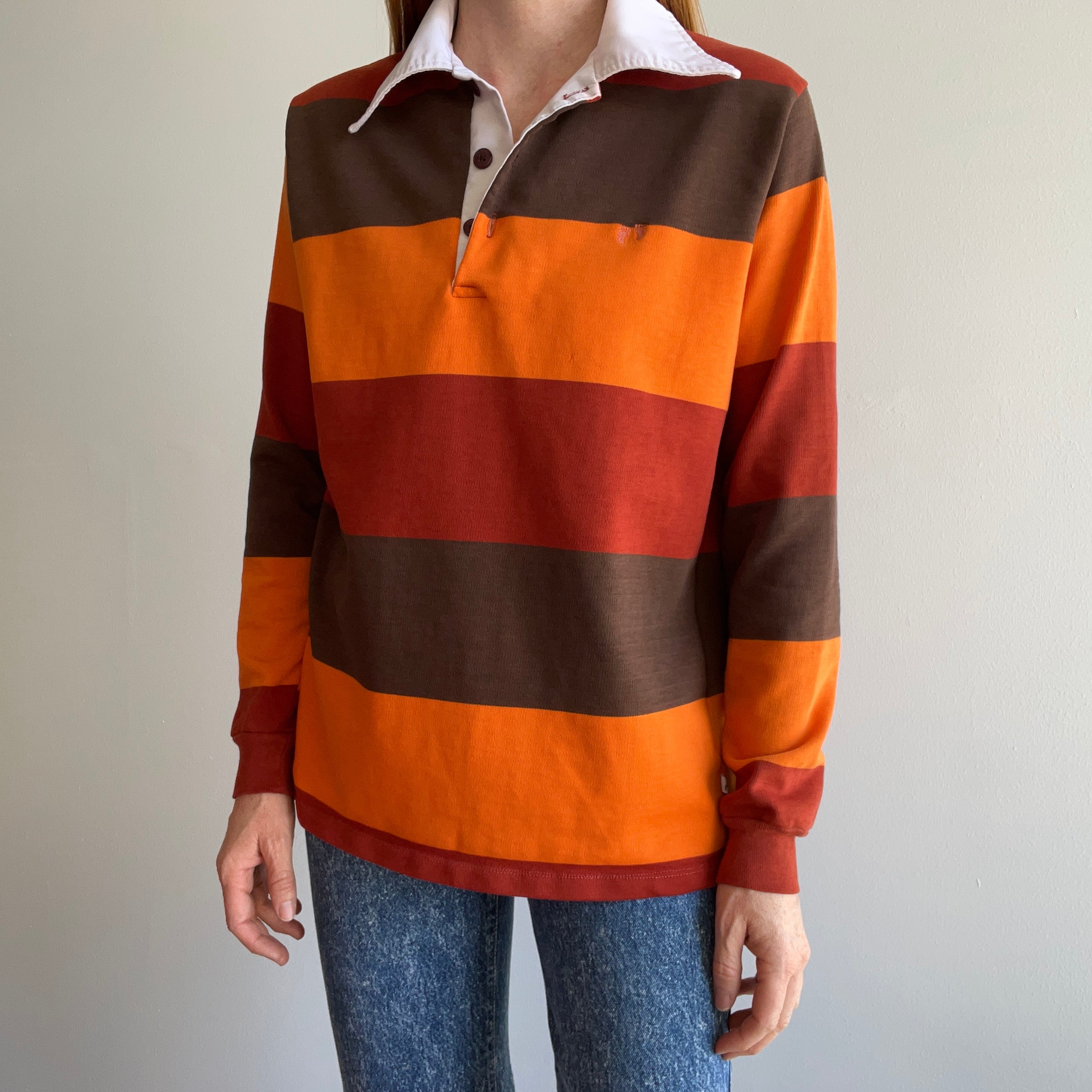 1970s Hang Ten Striped Rugby Shirt with Replaced Buttons