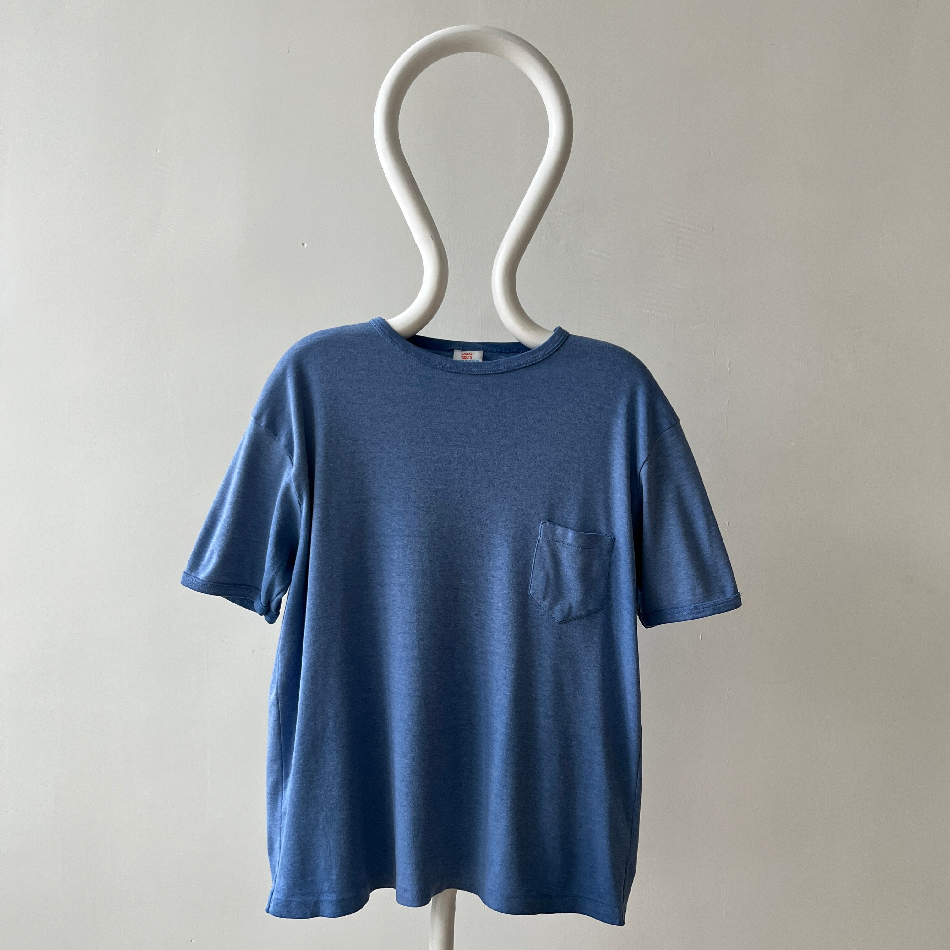 1970s Blank Faded Blue Pocket Ringer T Shirt - Cotton Knit