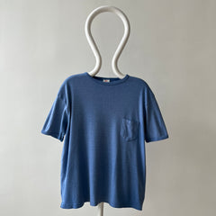 1970s Blank Faded Blue Pocket Ringer T Shirt - Cotton Knit