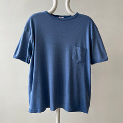 1970s Blank Faded Blue Pocket Ringer T Shirt - Cotton Knit