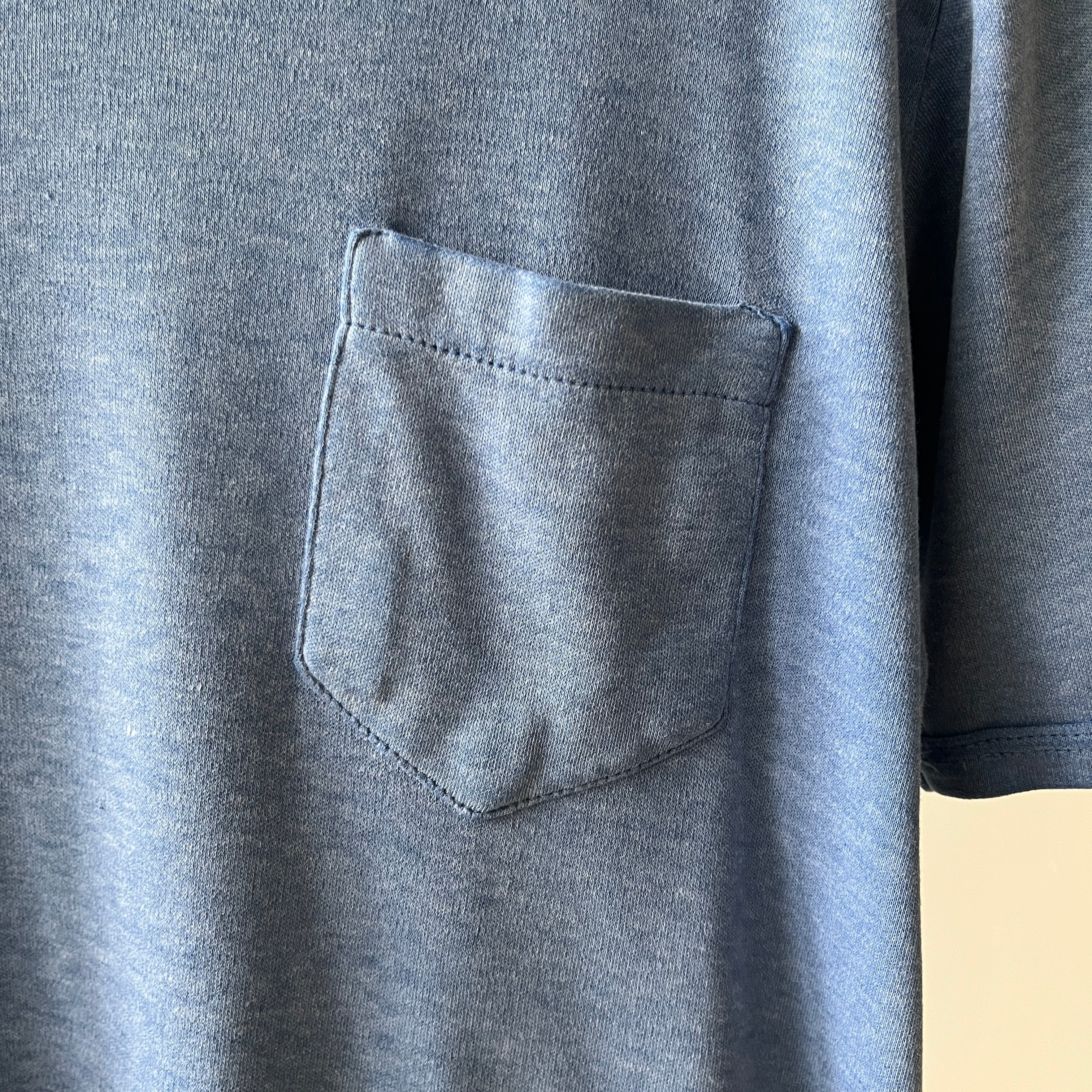 1970s Blank Faded Blue Pocket Ringer T Shirt - Cotton Knit