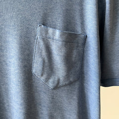 1970s Blank Faded Blue Pocket Ringer T Shirt - Cotton Knit