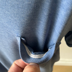 1970s Blank Faded Blue Pocket Ringer T Shirt - Cotton Knit
