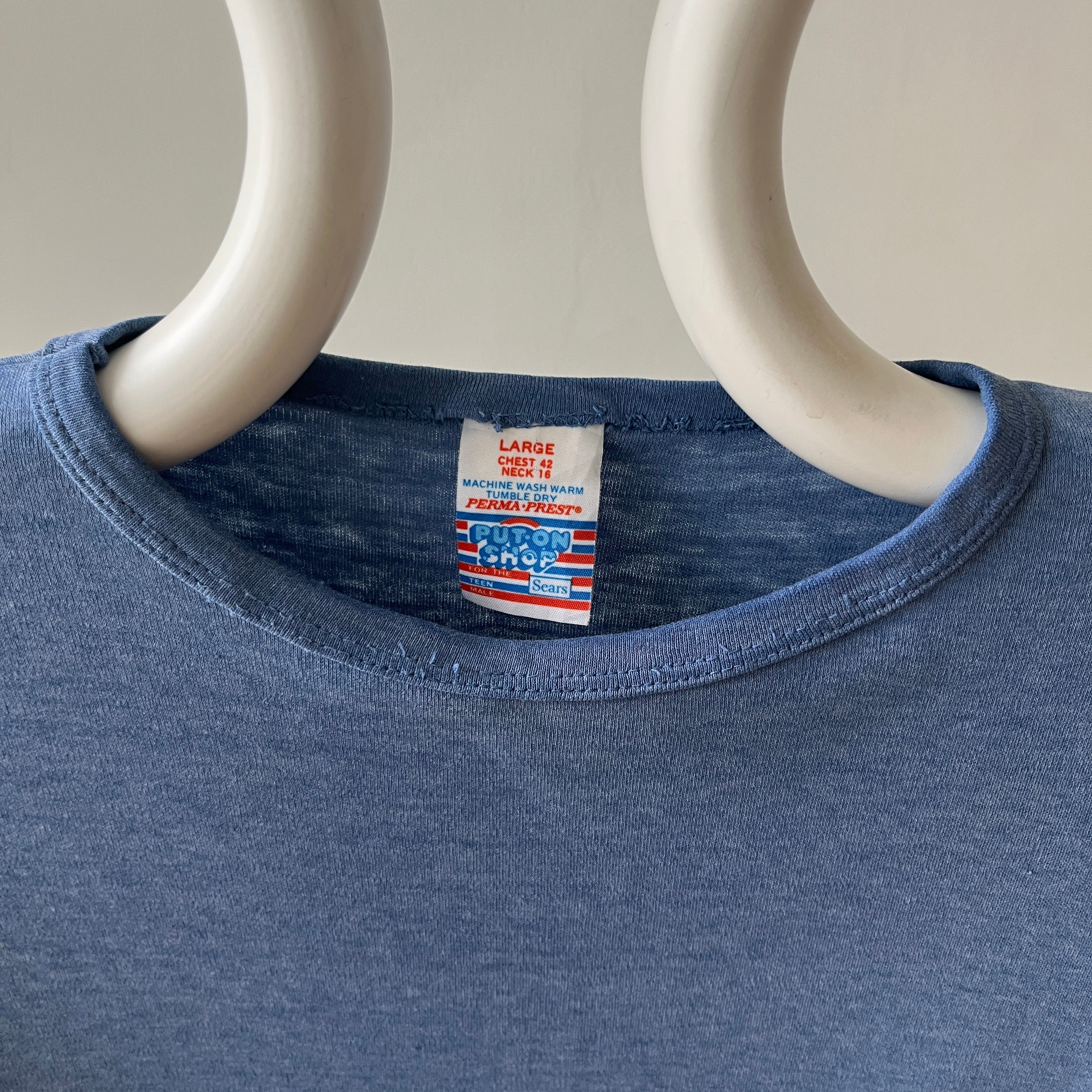 1970s Blank Faded Blue Pocket Ringer T Shirt - Cotton Knit