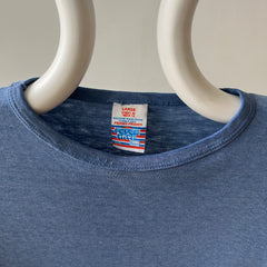 1970s Blank Faded Blue Pocket Ringer T Shirt - Cotton Knit