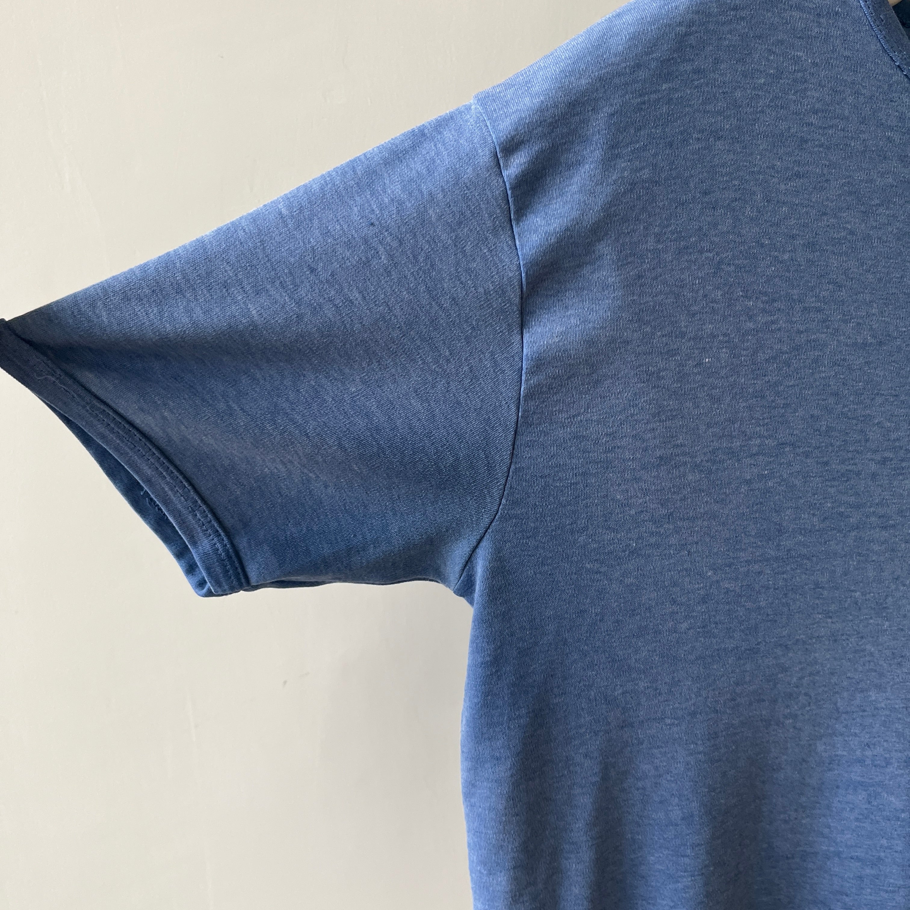 1970s Blank Faded Blue Pocket Ringer T Shirt - Cotton Knit