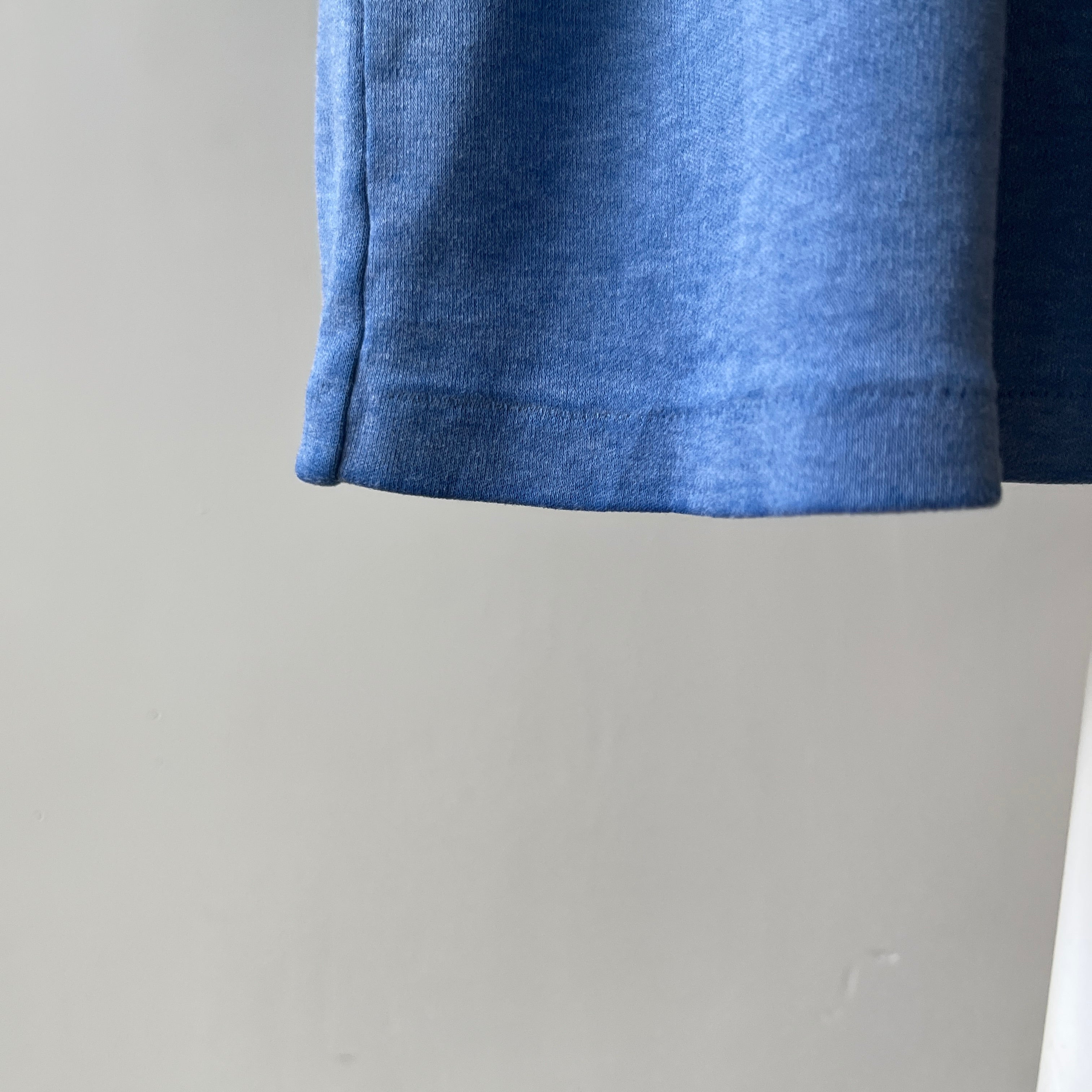 1970s Blank Faded Blue Pocket Ringer T Shirt - Cotton Knit