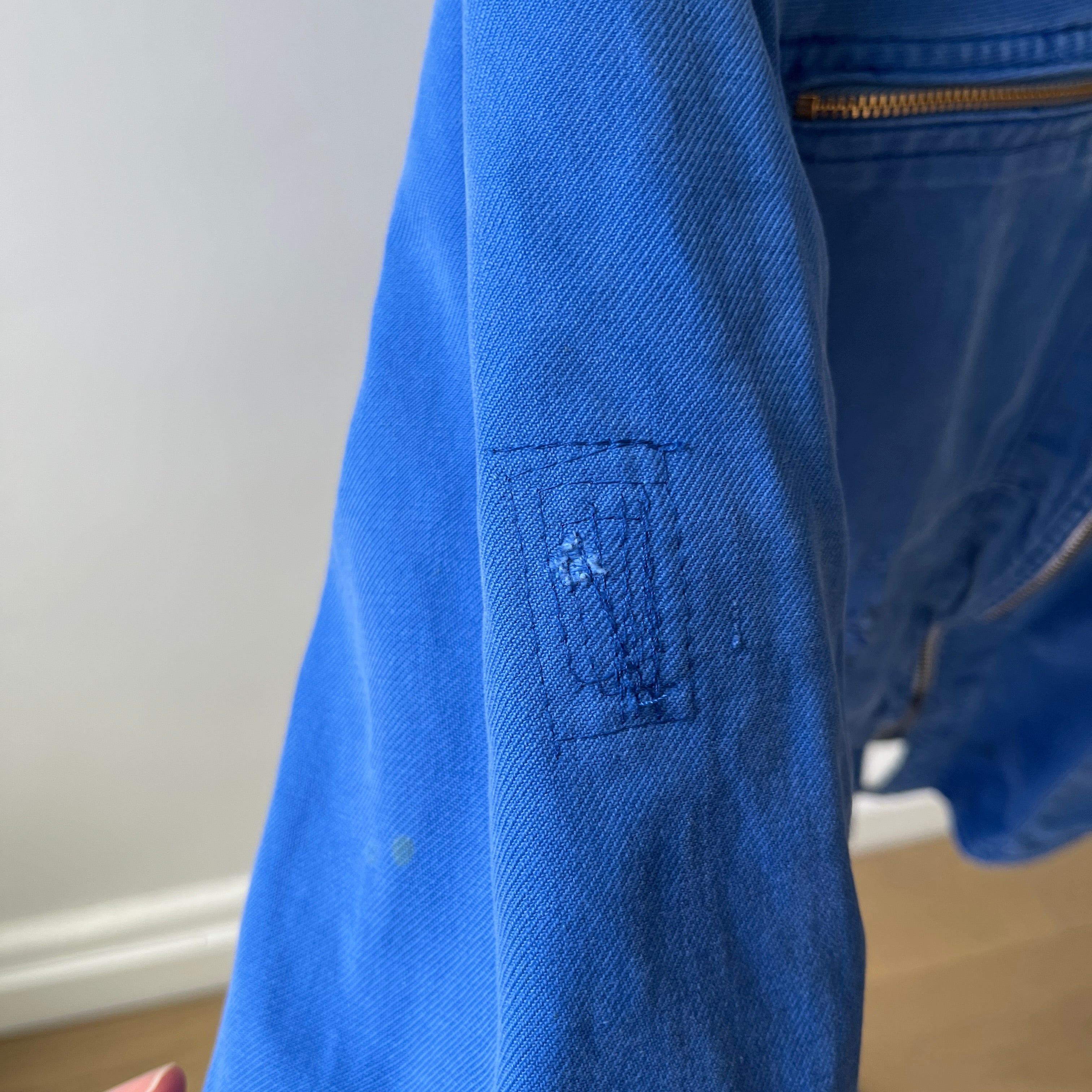 1970s Rare Aldophe Laporte Drop Shoulder Chore Coat with Mending and Replaced Zip