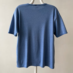 1970s Blank Faded Blue Pocket Ringer T Shirt - Cotton Knit