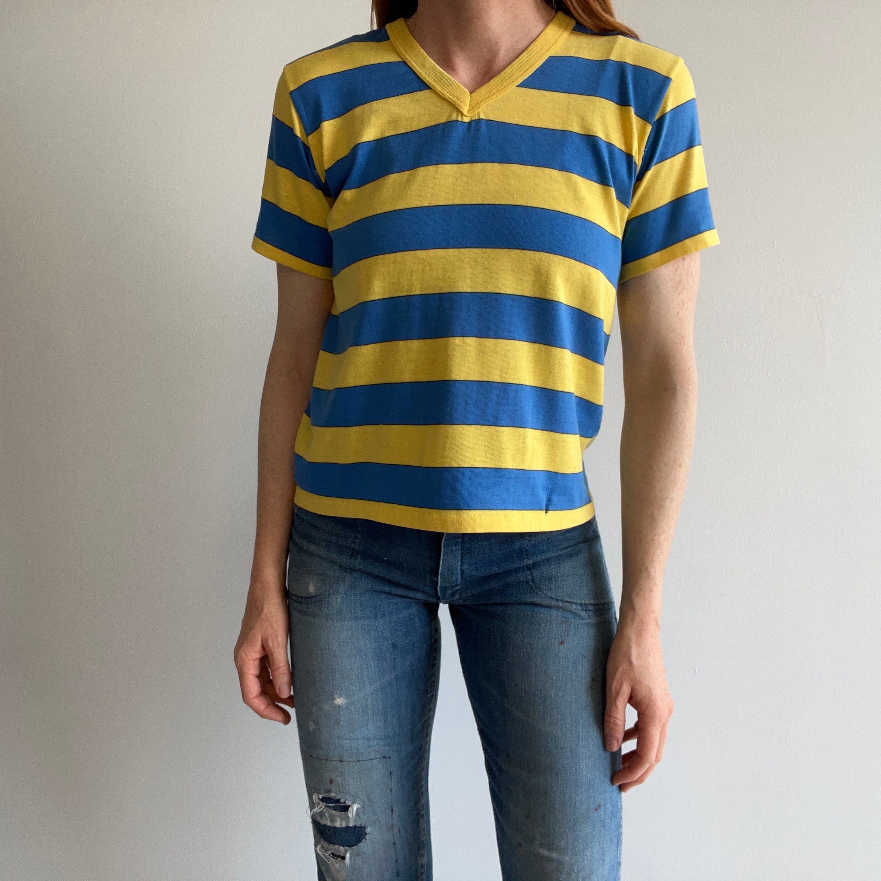 1980s Yellow and Blue V-Neck with Hand Mending at the Seams