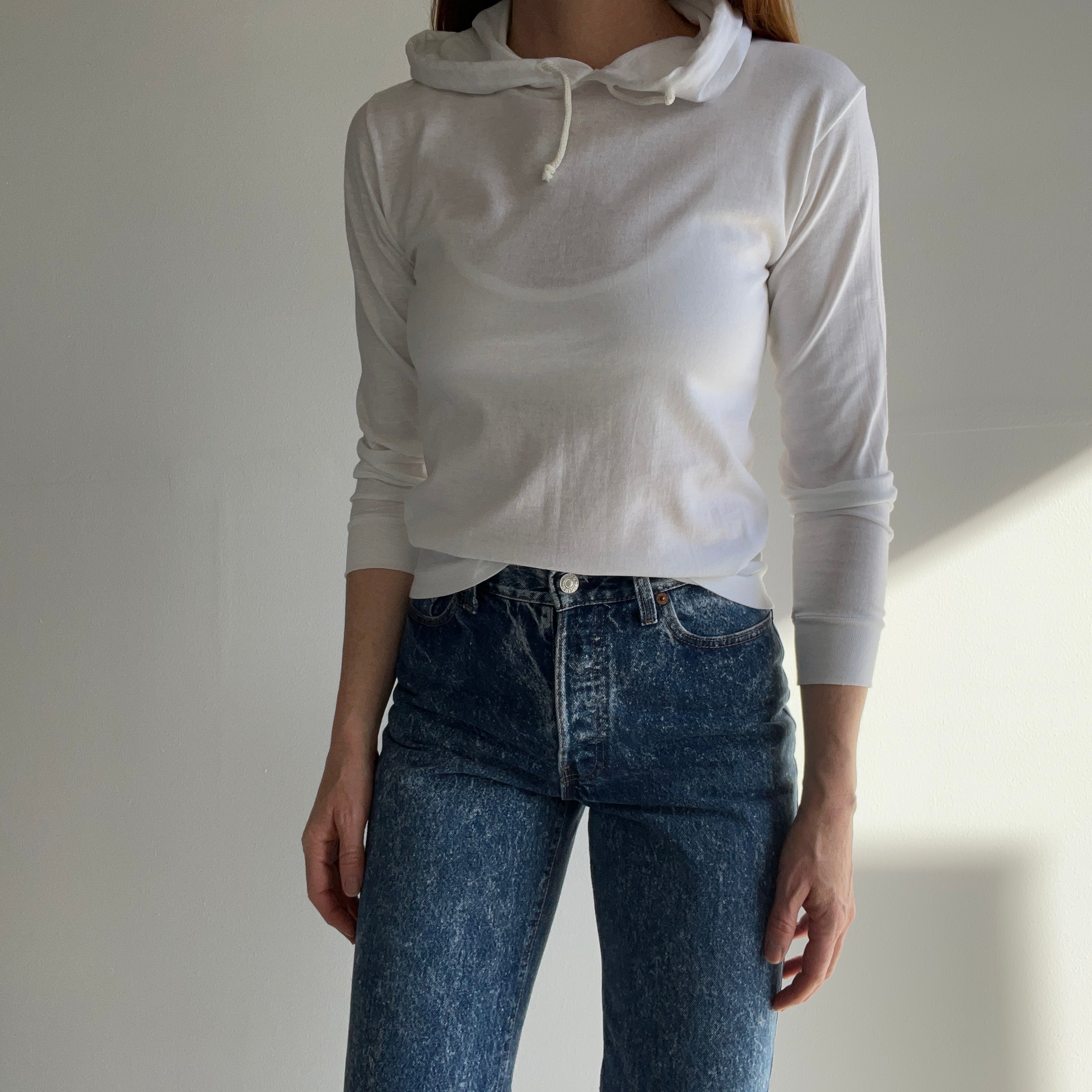 1980s Blank White Long Sleeve Hoodie T-Shirt