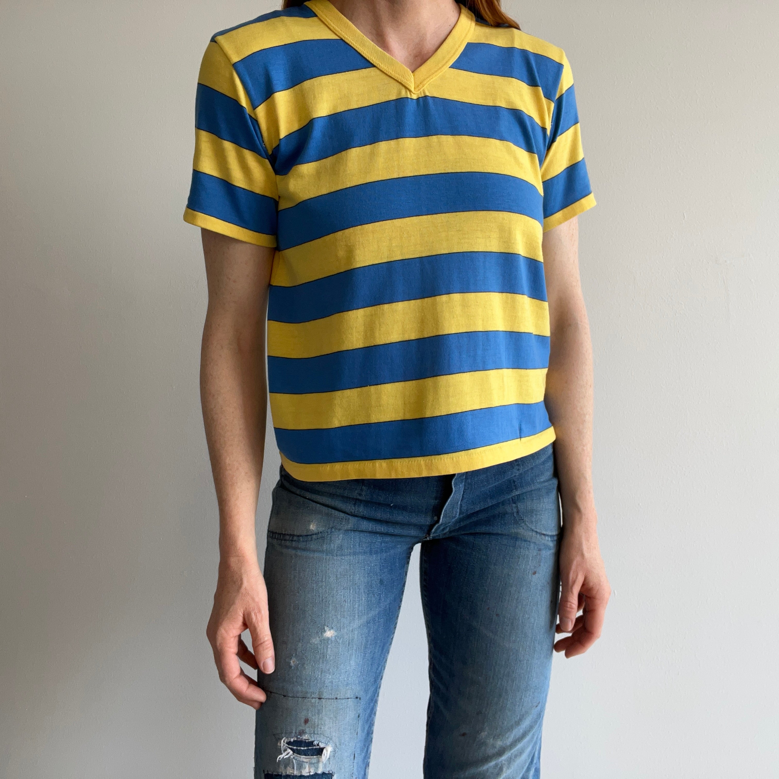 1980s Yellow and Blue V-Neck with Hand Mending at the Seams