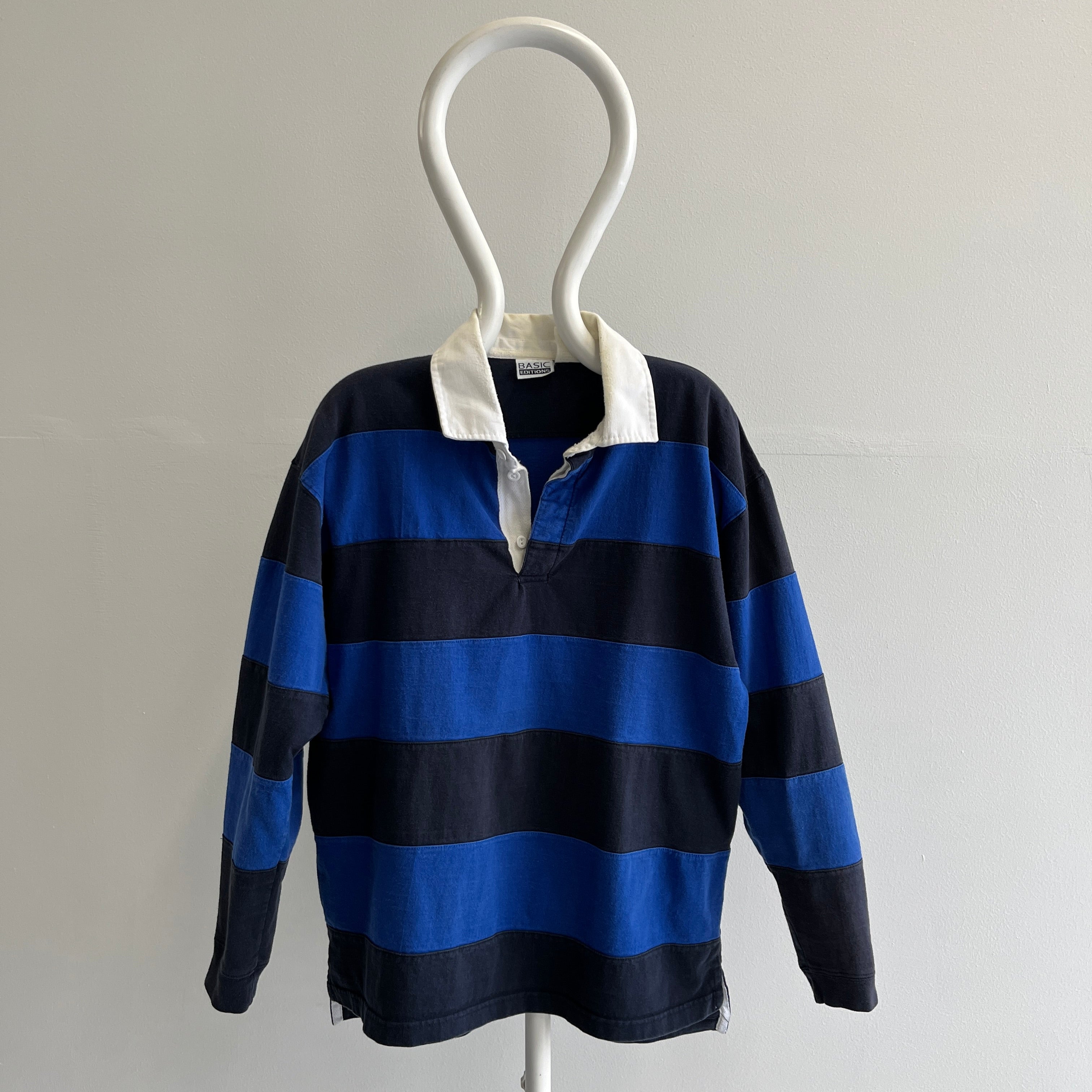 1990s Dark and Not So Dark Blue Striped Rugby Shirt