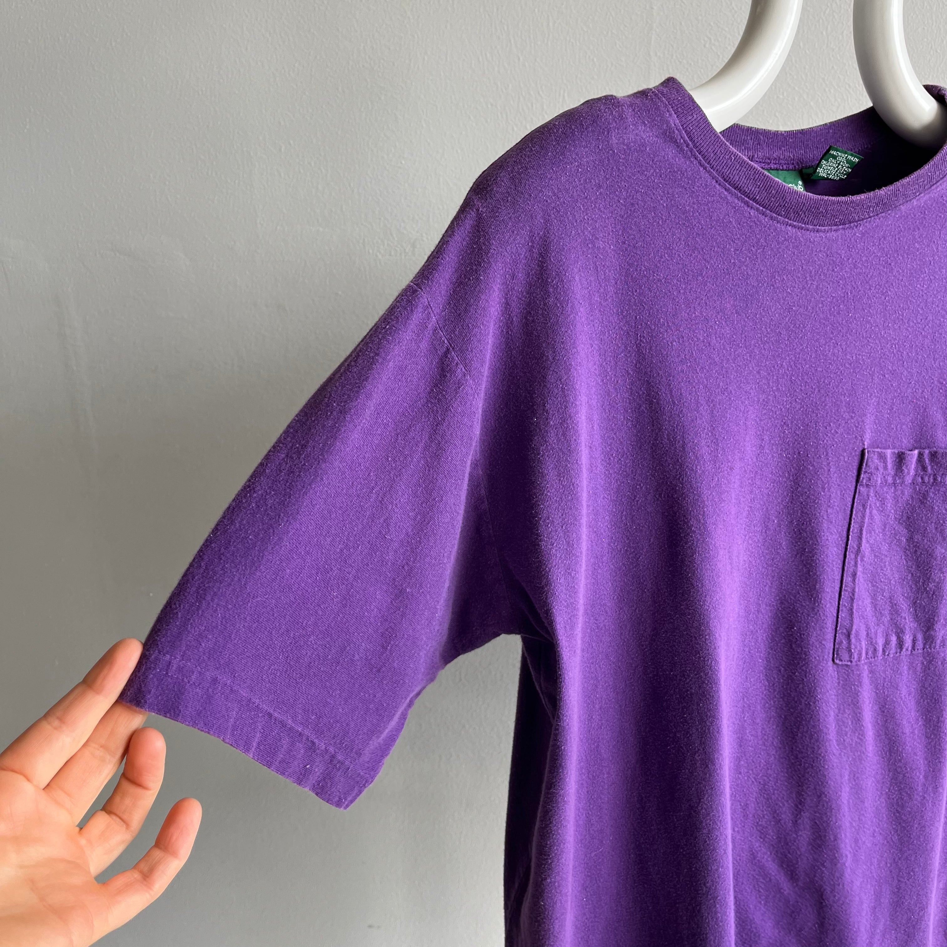 1980/90s Purple Pocket T-Shirt with Shoulder Pads - Yes Indeed!