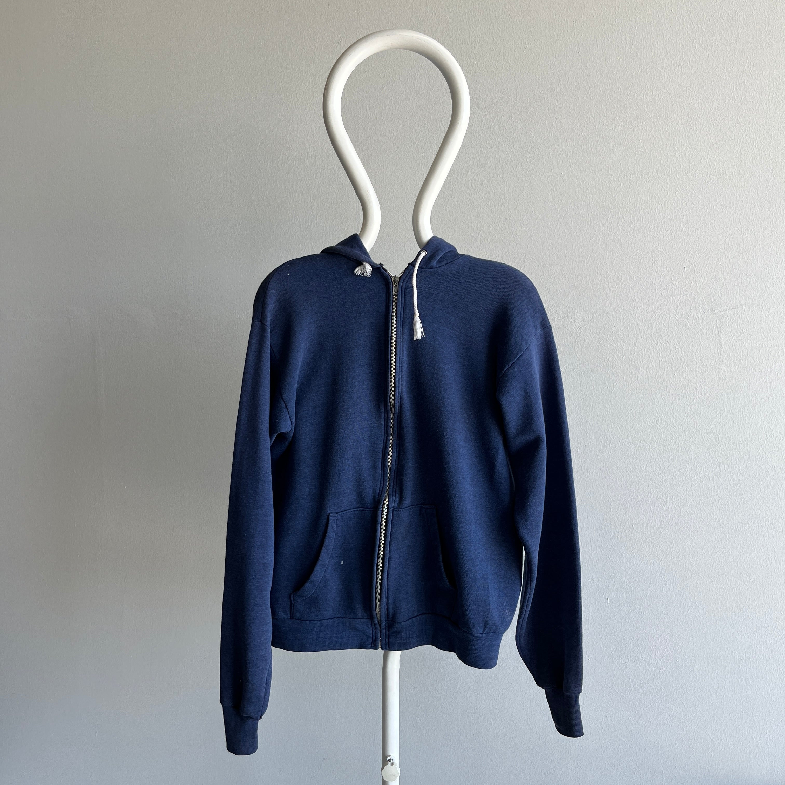 1980s Selvedge Pouch Healthknit Navy Zip Up Sweatshirt - YES