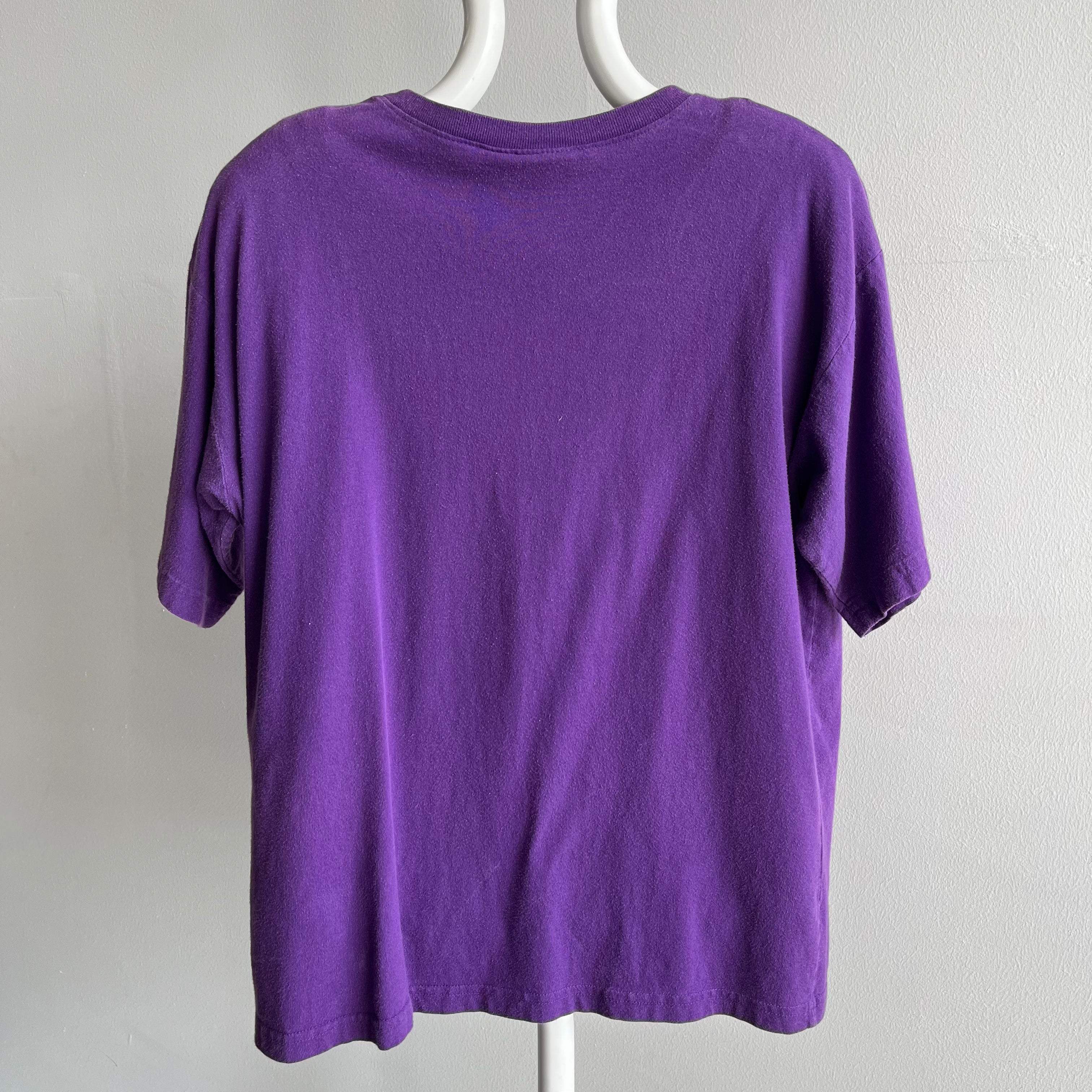 1980/90s Purple Pocket T-Shirt with Shoulder Pads - Yes Indeed!