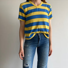 1980s Yellow and Blue V-Neck with Hand Mending at the Seams