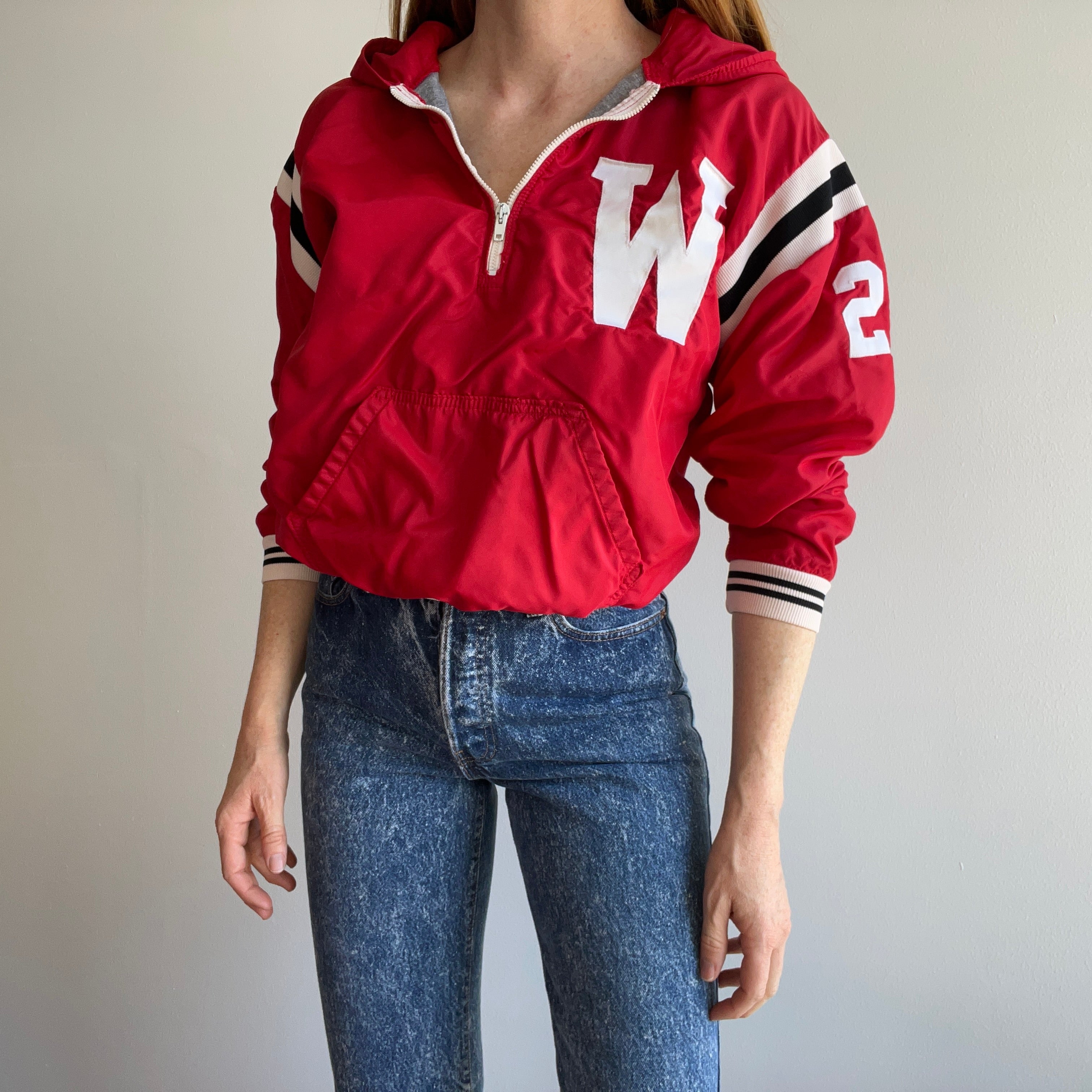 1970s Russell Brand Jersey Lined 1/4 Zip Wisconsin Windbreaker Hoodie