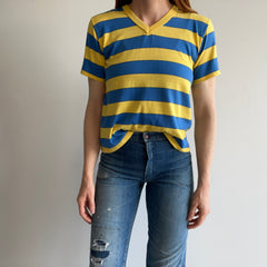 1980s Yellow and Blue V-Neck with Hand Mending at the Seams