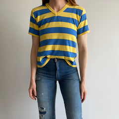 1980s Yellow and Blue V-Neck with Hand Mending at the Seams