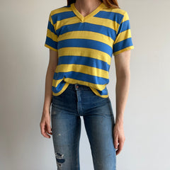 1980s Yellow and Blue V-Neck with Hand Mending at the Seams