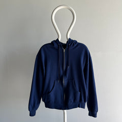 1980s Blank Navy Zip Up Hoodie - Excellent Condition