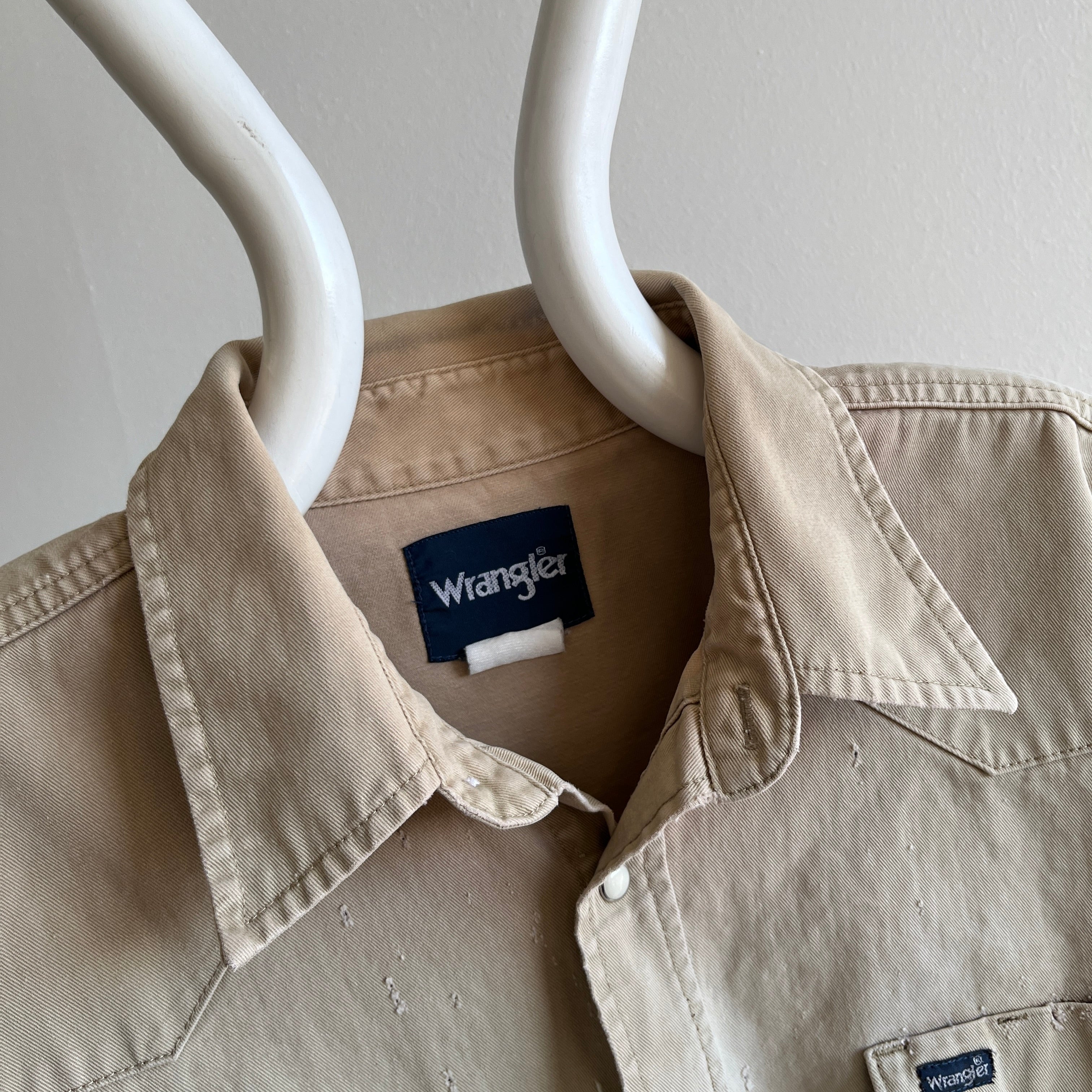 1980s Thrashed,Whiskered, Tattered, Torn, Worn, Wrangler Khaki Cowboy Snap Workwear Shirt