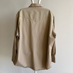 1980s Thrashed,Whiskered, Tattered, Torn, Worn, Wrangler Khaki Cowboy Snap Workwear Shirt