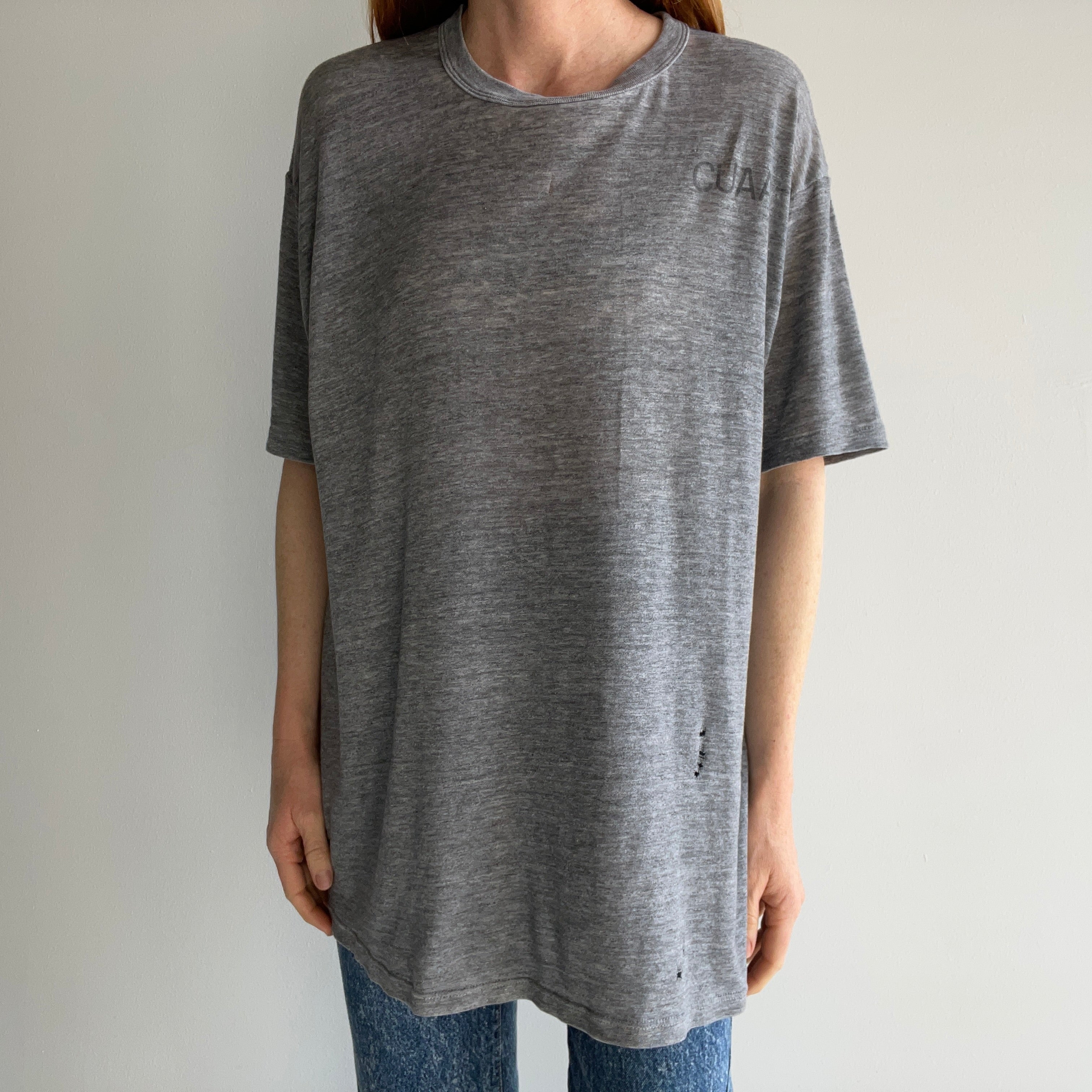 1980s Tissue Paper Thin WOrn Out Rolled Neck CUAA T-Shirt by Russell - OMFG