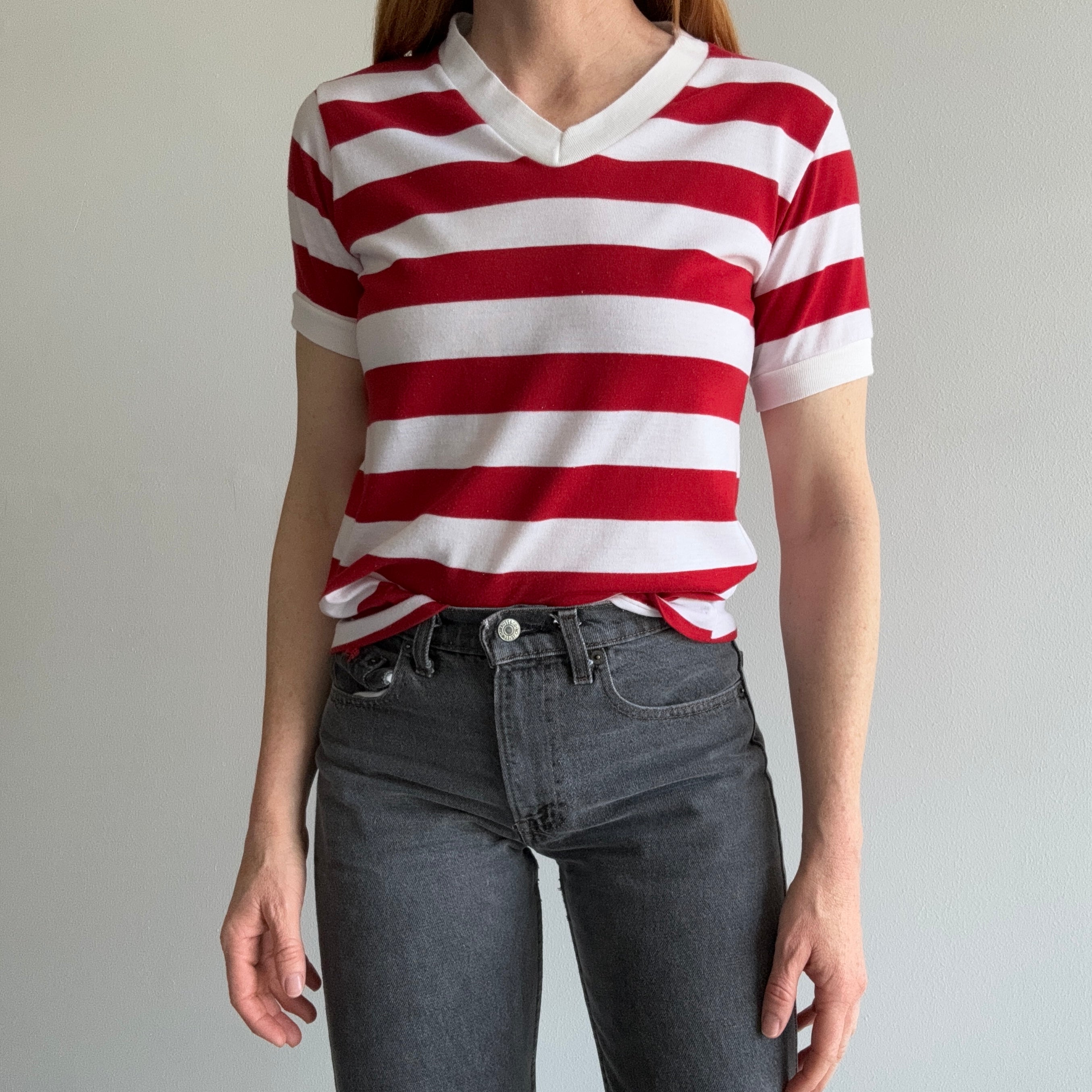 1980s Dark Red and White Striped Ring Shirt !!!
