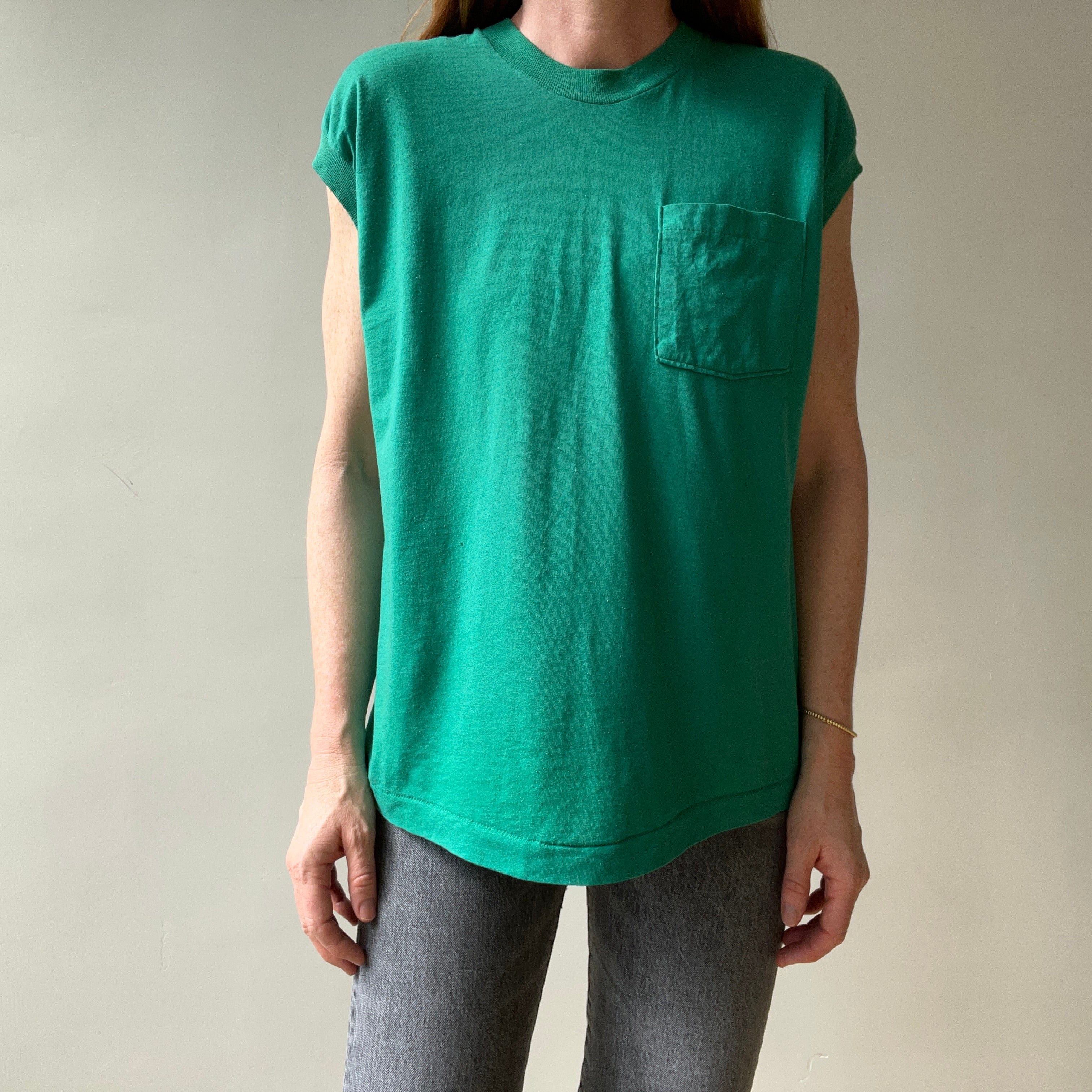 1980s Blank Green Muscle Pocket T Shirt