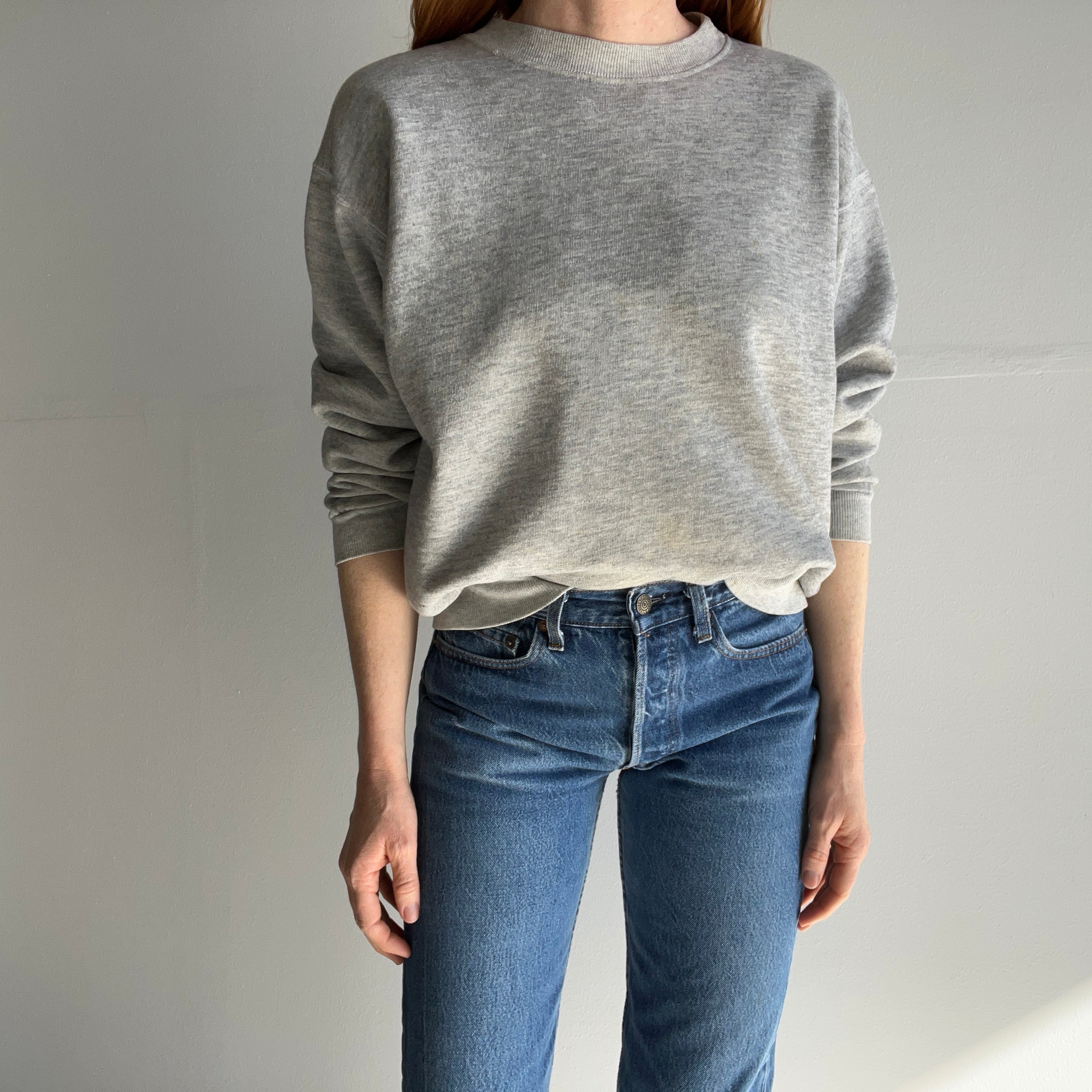 1980s Not-A-Raglan Smaller Blank Gray Sweatshirt with Staining