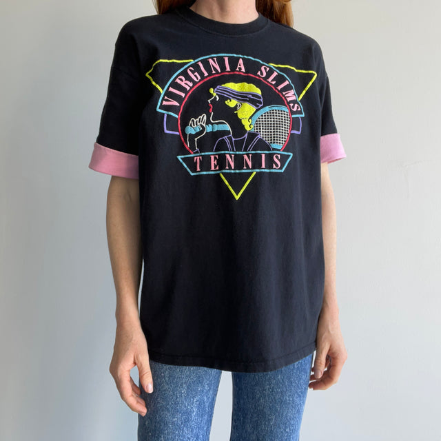 1980s Virginia Slims Tennis Two Tone Sleeve T-Shirt - !!!!