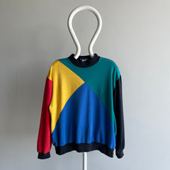 1980s Thin and Slouchy Color Block Mock Neck Sweatshirt (Lightweight)