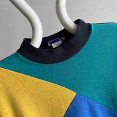 1980s Thin and Slouchy Color Block Mock Neck Sweatshirt (Lightweight)