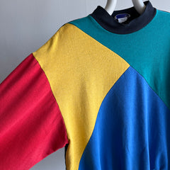 1980s Thin and Slouchy Color Block Mock Neck Sweatshirt (Lightweight)