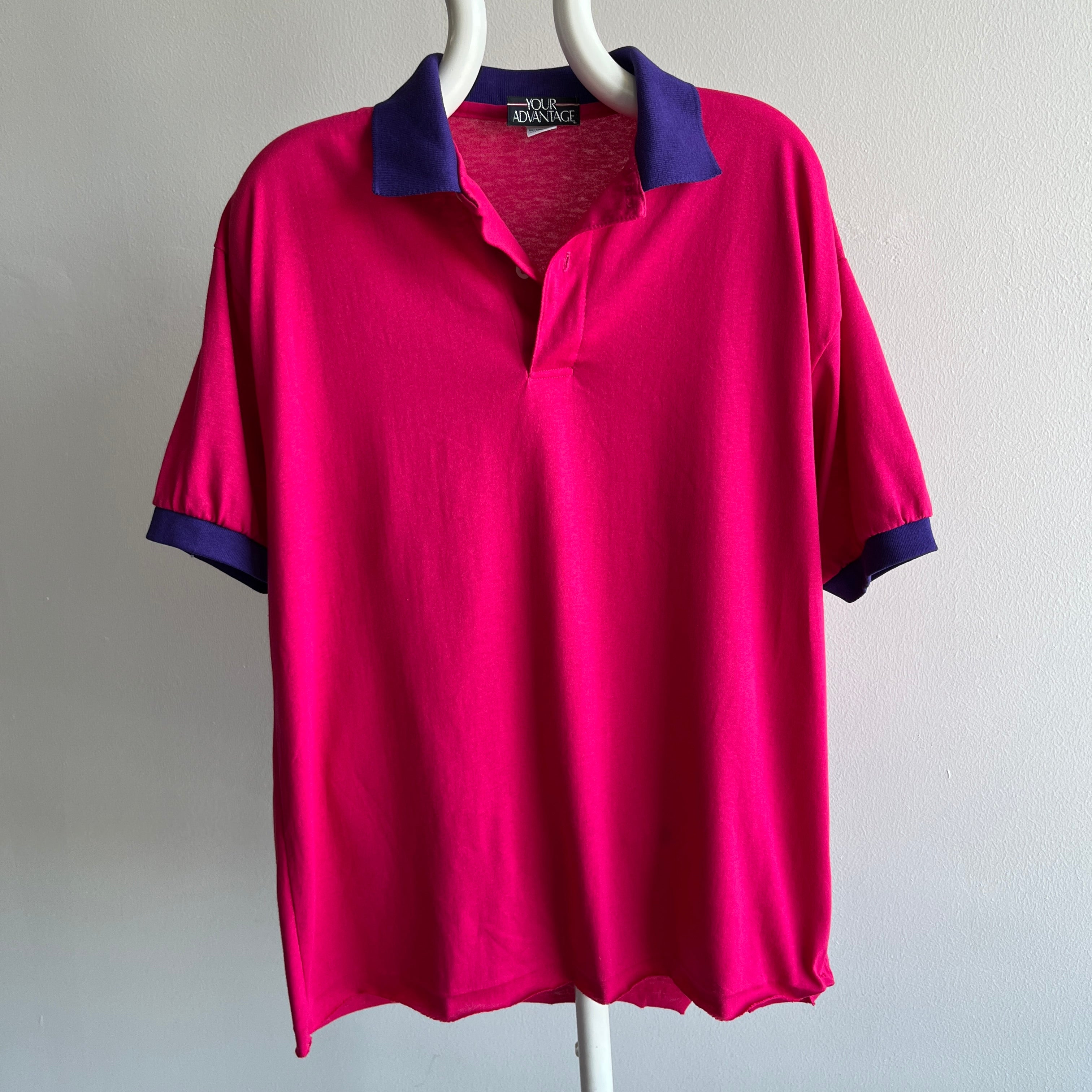 1990s Two Tone Pink and Purple Polo with the Hem Out T-Shirt