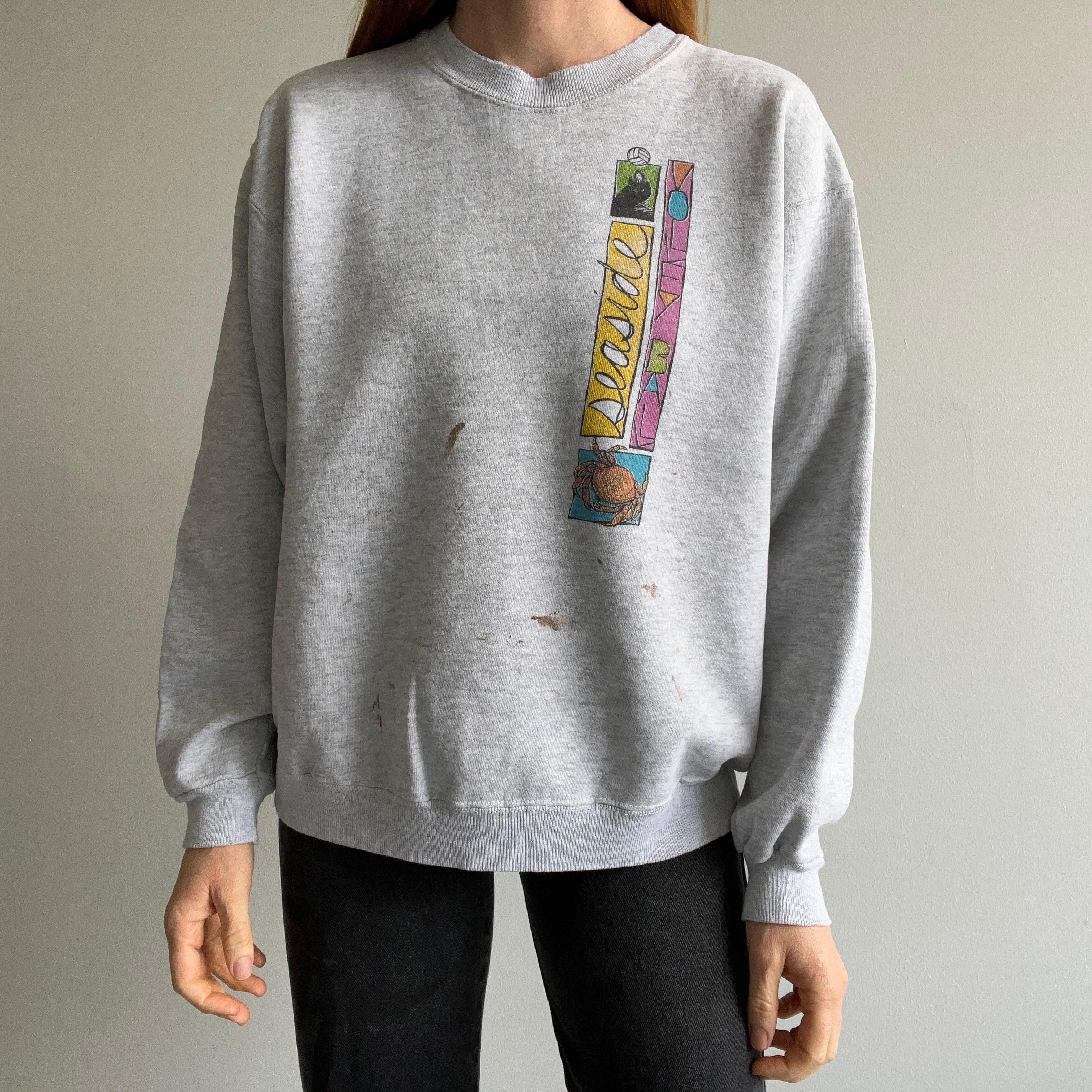 1980s Seaside Volleyball Front and Back Paint Stained Sweatshirt