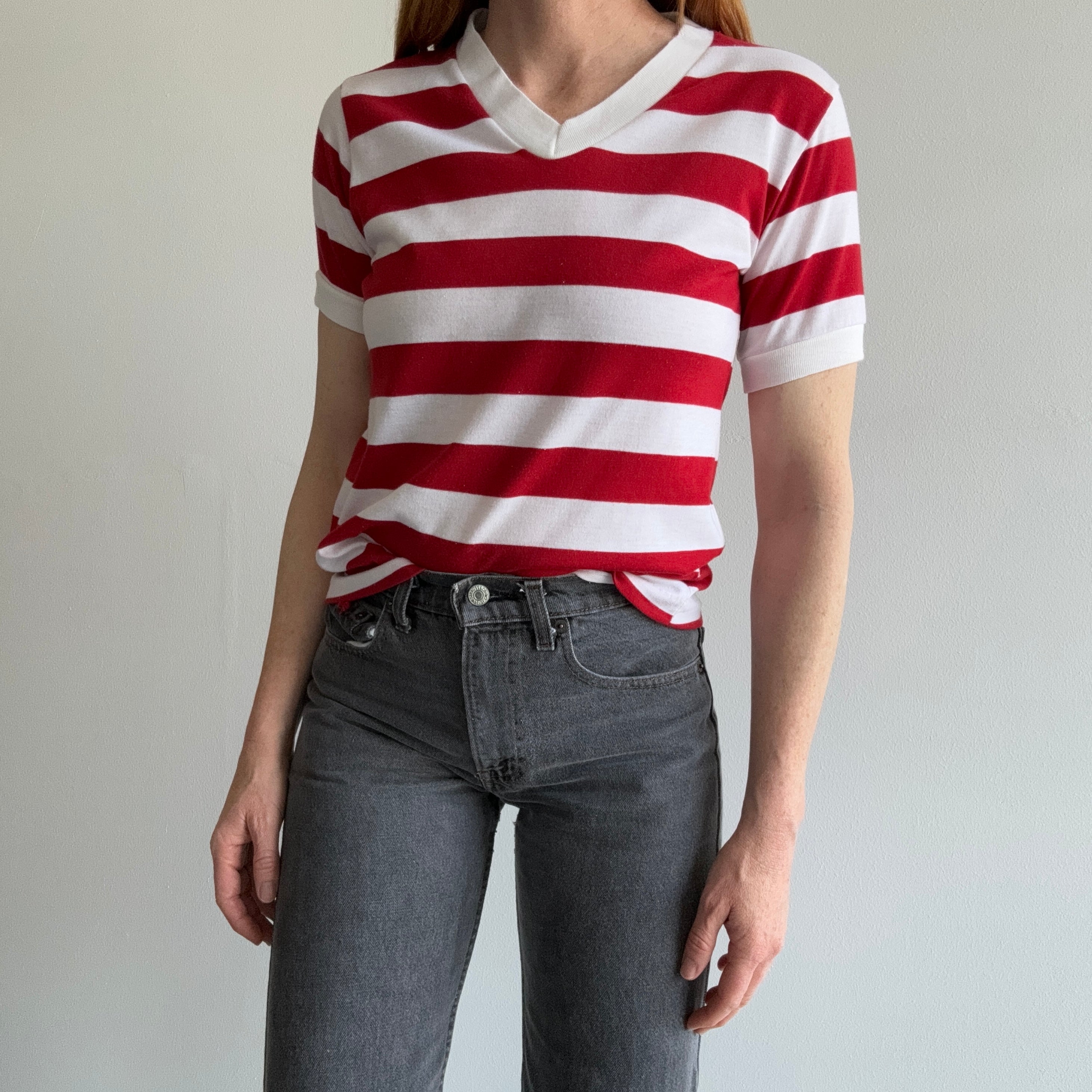 1980s Dark Red and White Striped Ring Shirt !!!