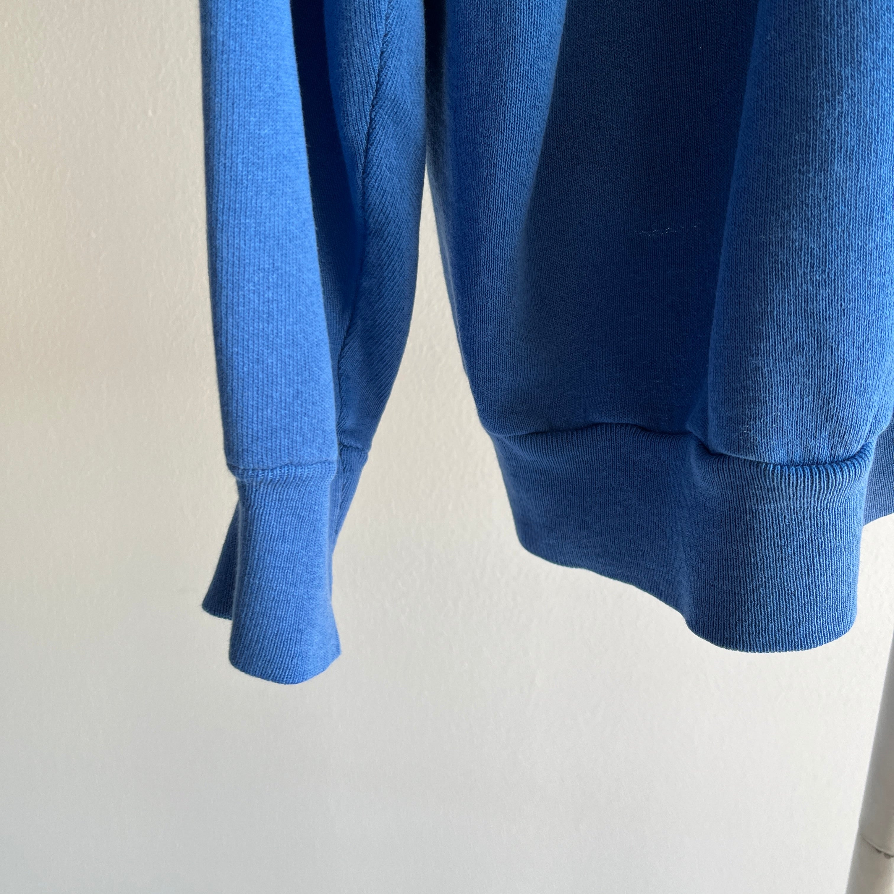1980s Thinned Out and Slouchy Blue Raglan Sweatshirt