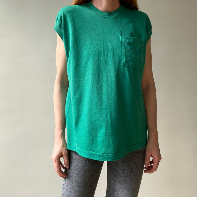 1980s Blank Green Muscle Pocket T Shirt