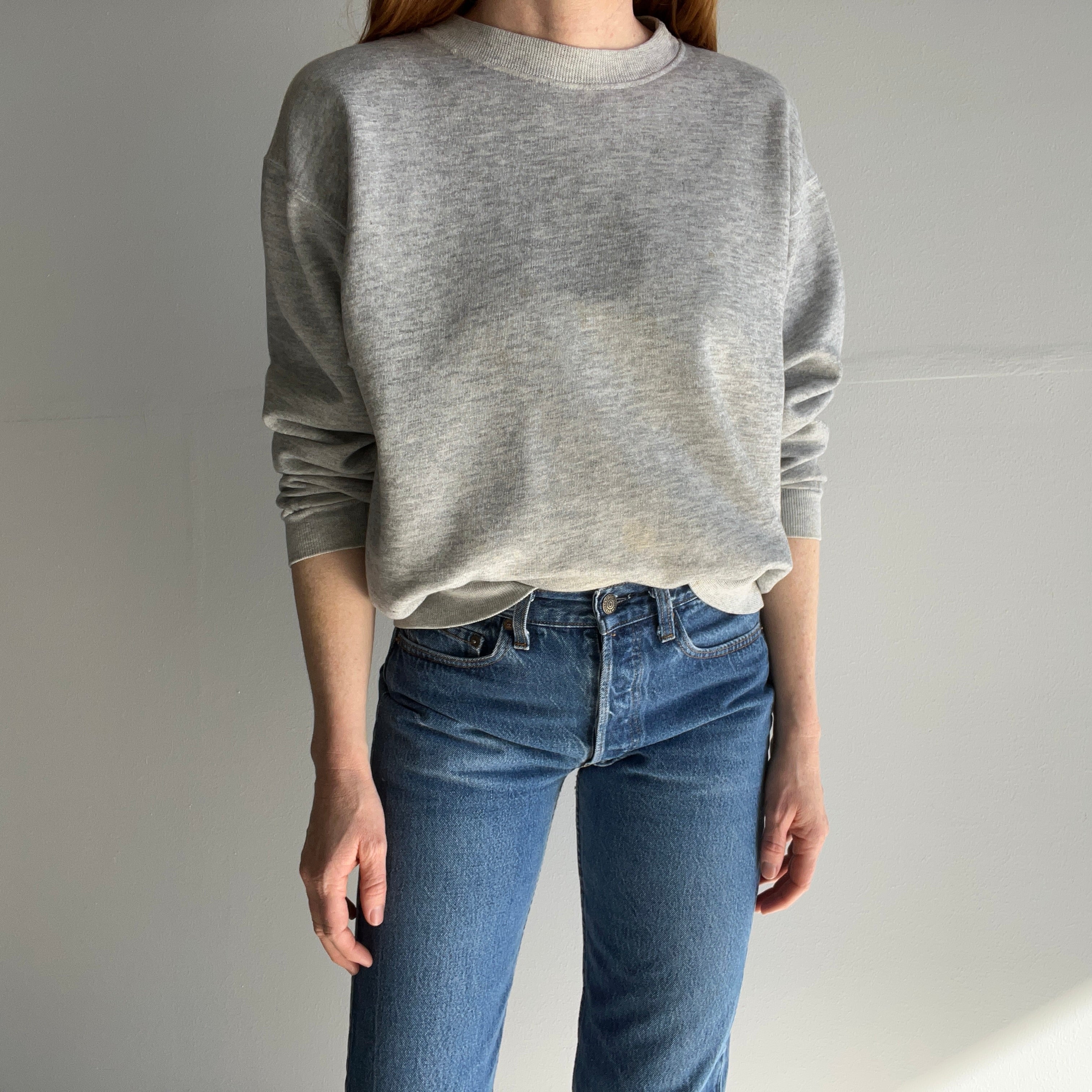 1980s Not-A-Raglan Smaller Blank Gray Sweatshirt with Staining